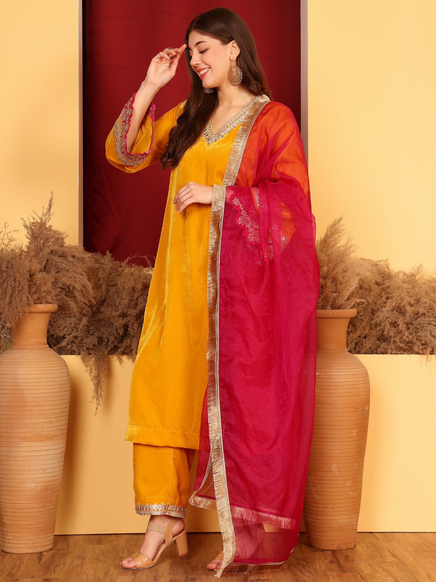 NUMERA MUSTARD YELLOW VELVET SUIT SET