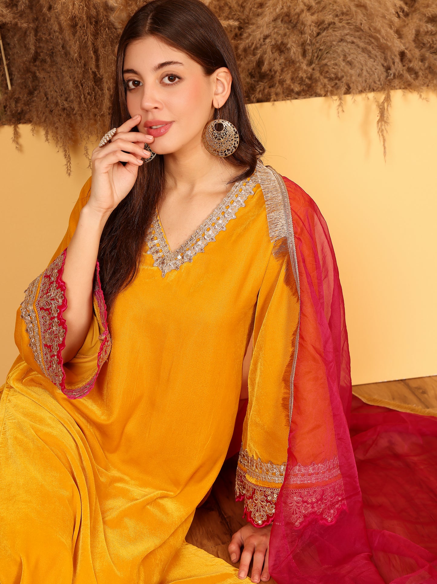 NUMERA MUSTARD YELLOW VELVET SUIT SET